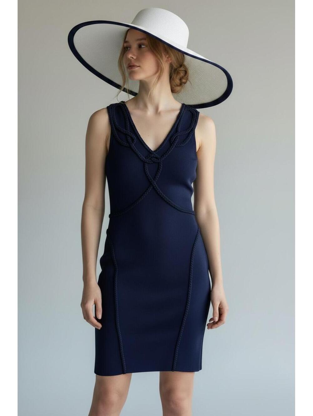 NWT Etcetera Navy Braided Rope Trim Sleeveless Knit Stretch Sheath Dress, Size S